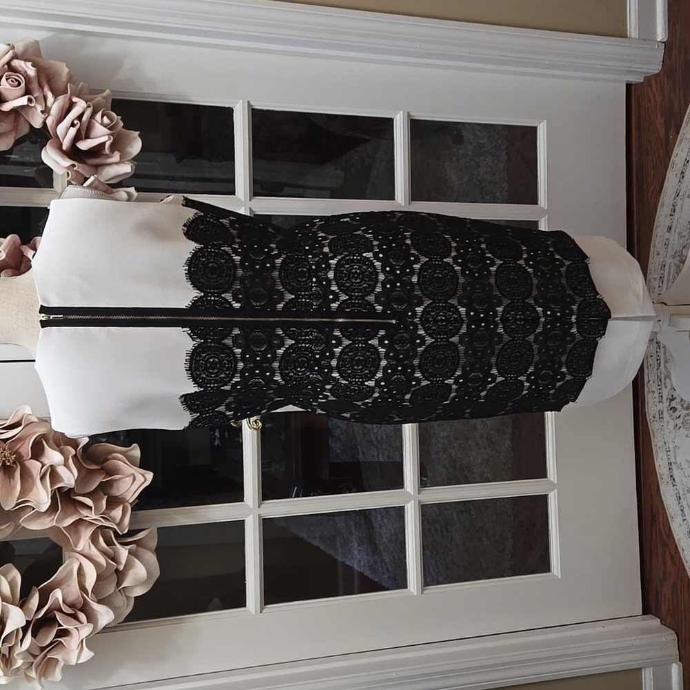 Anne Klein Elegant Off White Black Lace Dress Sleeveless Fully Lined Size 10 EUC - Picture 4 of 8